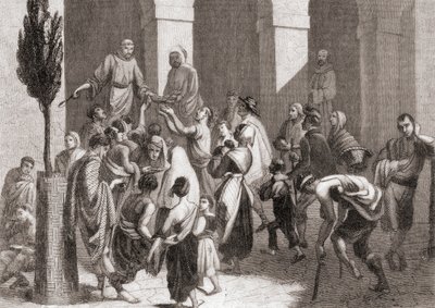 Suppenausgabe an die Armen aus dem Kloster Santa Madrona, Barcelona, Spanien von Spanish School